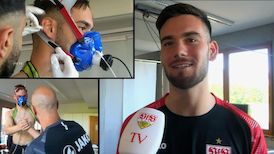 Und los geht‘s: Unsere VfB-Profis um Keeper Dennis Seimen starten mit der Spiroergometrie in die erste Trainingswoche