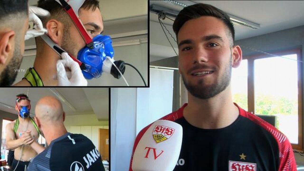 Und los geht‘s: Unsere VfB-Profis um Keeper Dennis Seimen starten mit der Spiroergometrie in die erste Trainingswoche